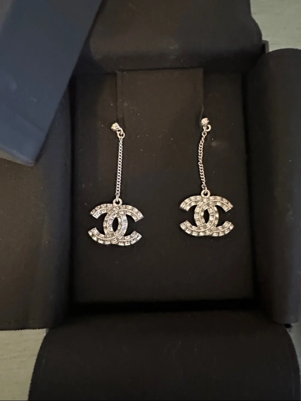 CHANEL Silver Crystal CC Dangle Earrings
